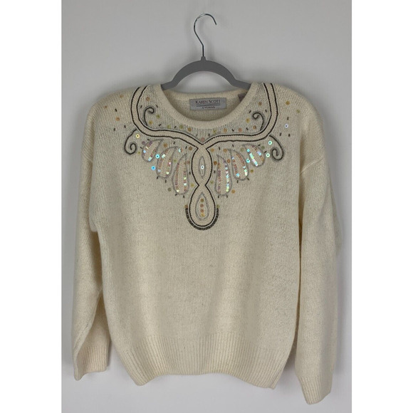 Vintage Karen Scott Evening Womens Cream Silk Angora Sweater Sequins Size Large - Picture 1 of 10